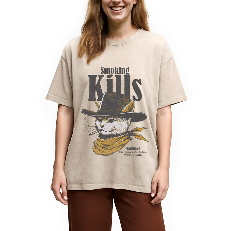 Modecanvas Funny Anti Smoking Cat DTG Printing Washed T-Shirt