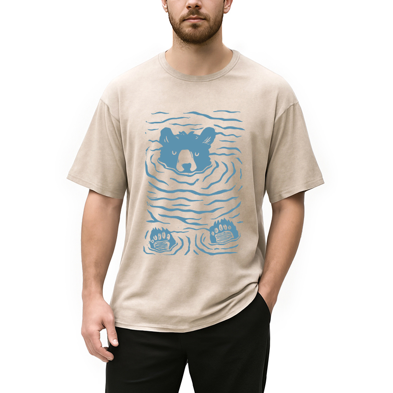 Modecanvas Minimalist Linocut Bear DTG Printing Washed T-Shirt