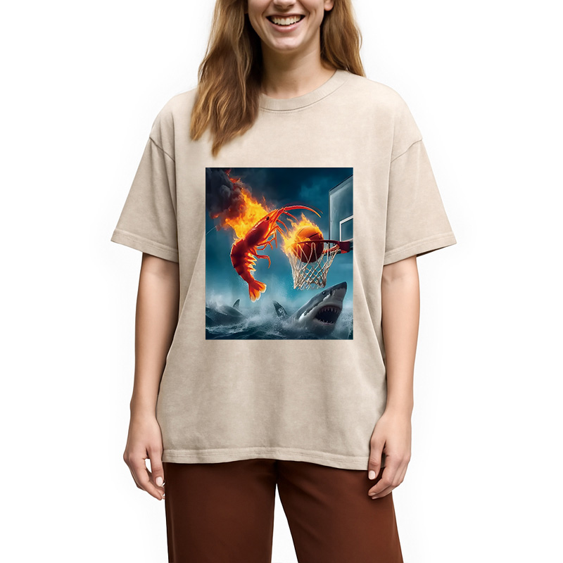 Modecanvas Shrimp Dunking on Shark Funny DTG Printing Washed T-Shirt