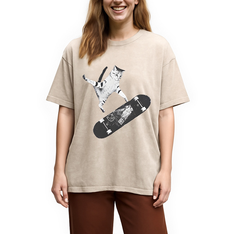 Modecanvas Skateboarding Cat DTG Printing Washed T-Shirt