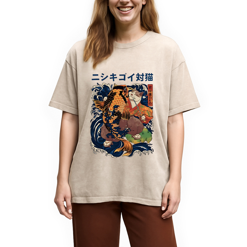 Modecanvas Harajuku Samurai Cat Koi Fish DTG Printing Washed T-Shirt