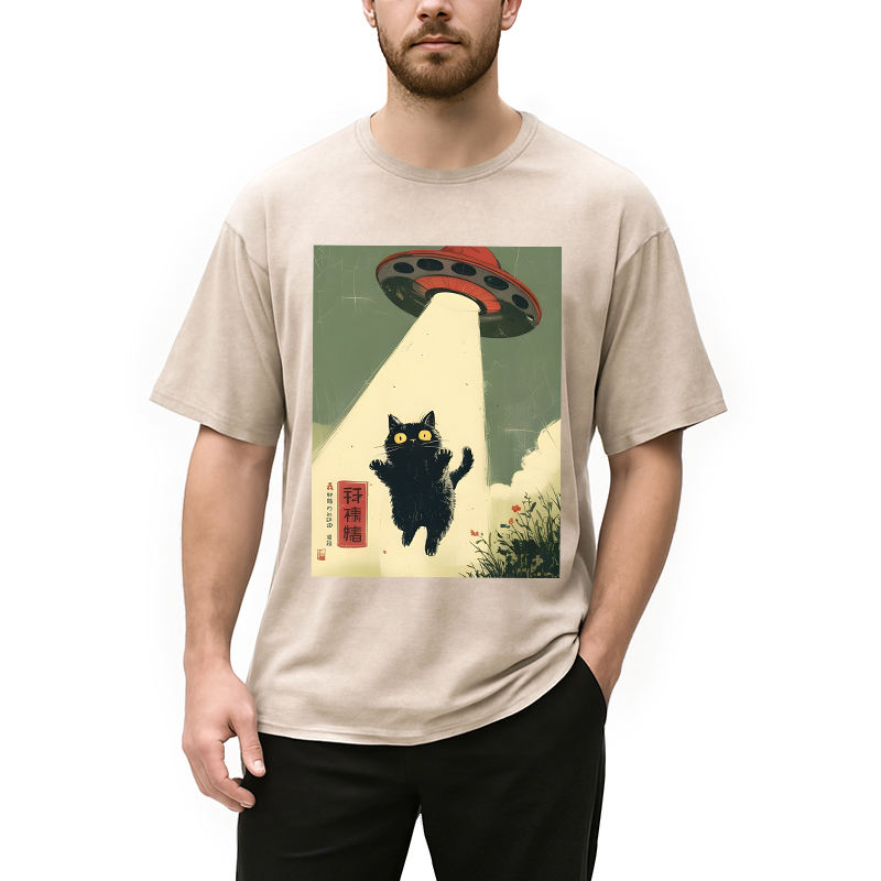 Modecanvas Vintage Japanese Alien Cat DTG Printing Washed T-Shirt