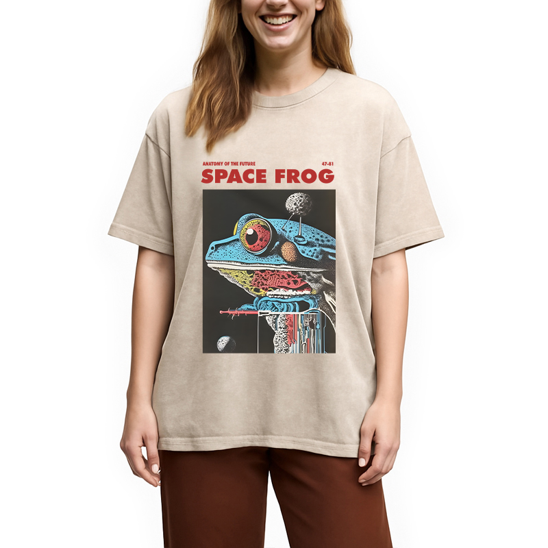 Modecanvas Retro Futuristic Frog DTG Printing Washed T-Shirt