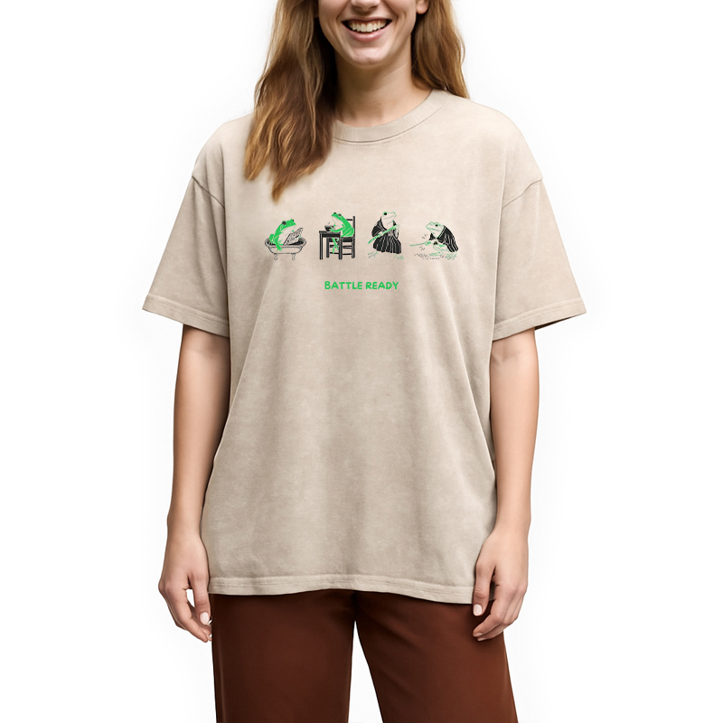 Modecanvas Funny Morning Routine Frog DTG Printing Washed T-Shirt
