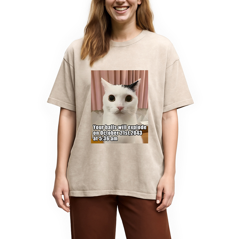 Modecanvas Your Balls Will Explode Funny Cat Meme DTG Printing Washed T-Shirt