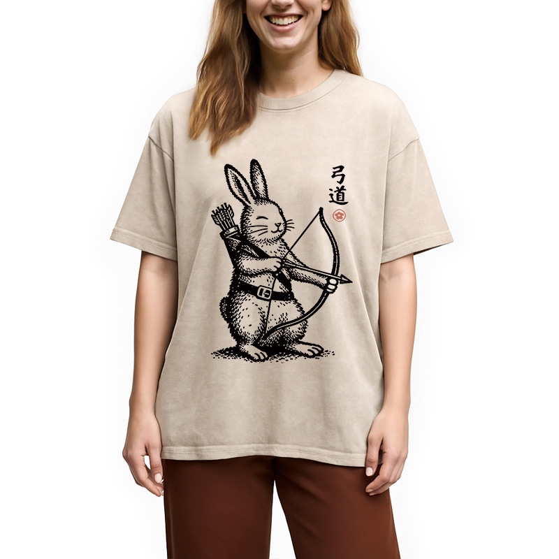 Modecanvas Rabbit Shooting Arrows DTG Printing Washed T-Shirt