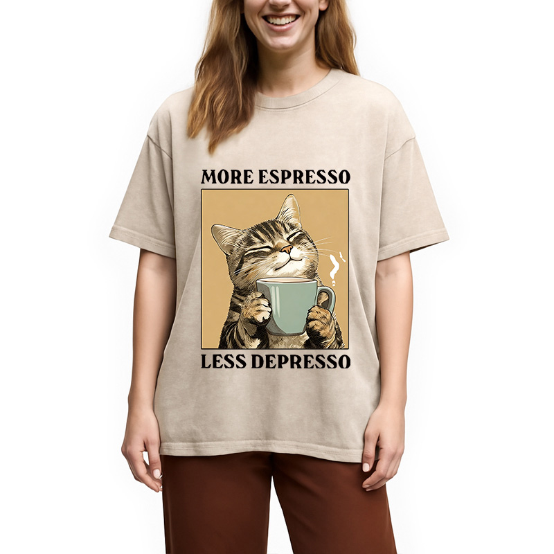 Modecanvas Cute Cat Drinking Coffee DTG Printing Washed T-Shirt