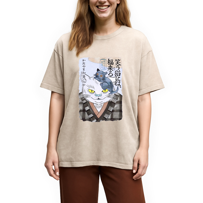 Modecanvas Japanese Vintage Cat DTG Printing Washed T-Shirt