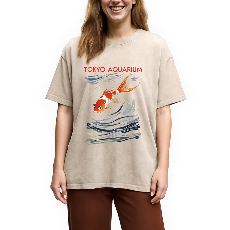 Modecanvas Tokyo Aquarium Koi Fish DTG Printing Washed T-Shirt