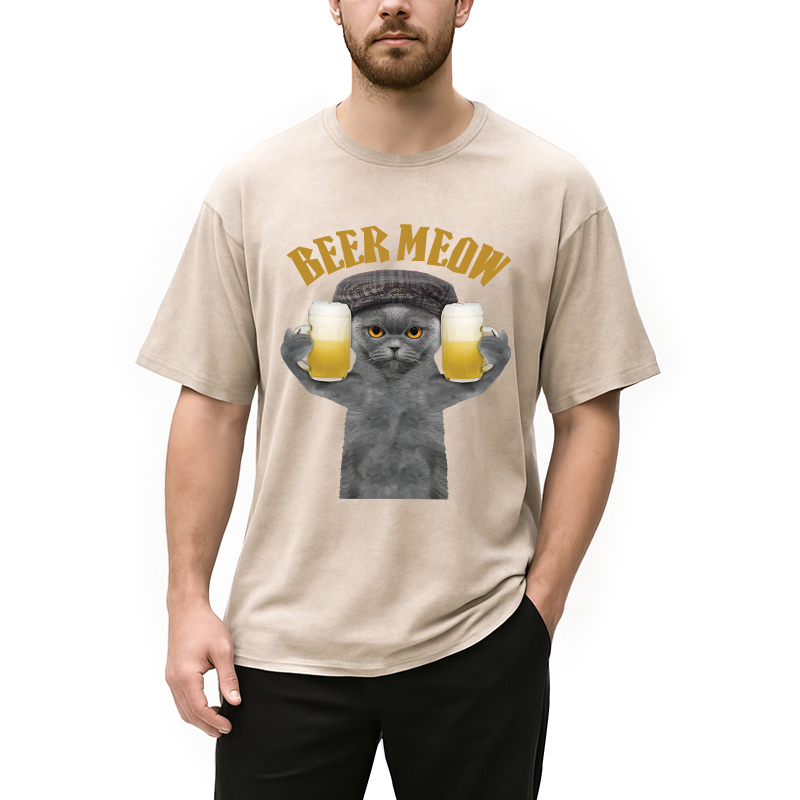 Modecanvas Funny Cat Drinking Or Serving Beer DTG Printing Washed T-Shirt