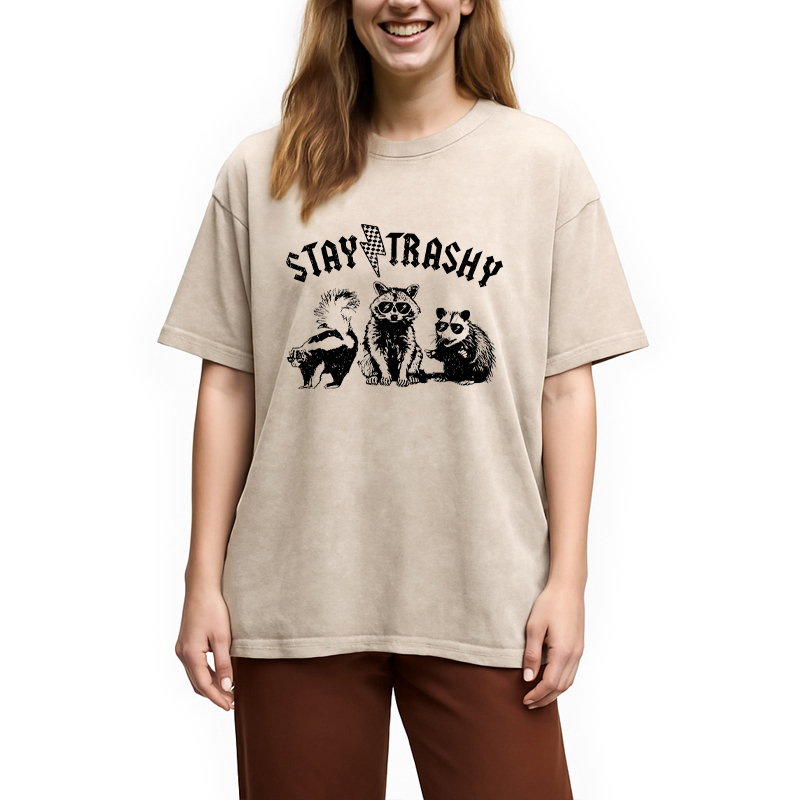 Modecanvas Stay Trashy Funny Raccoon DTG Printing Washed T-Shirt
