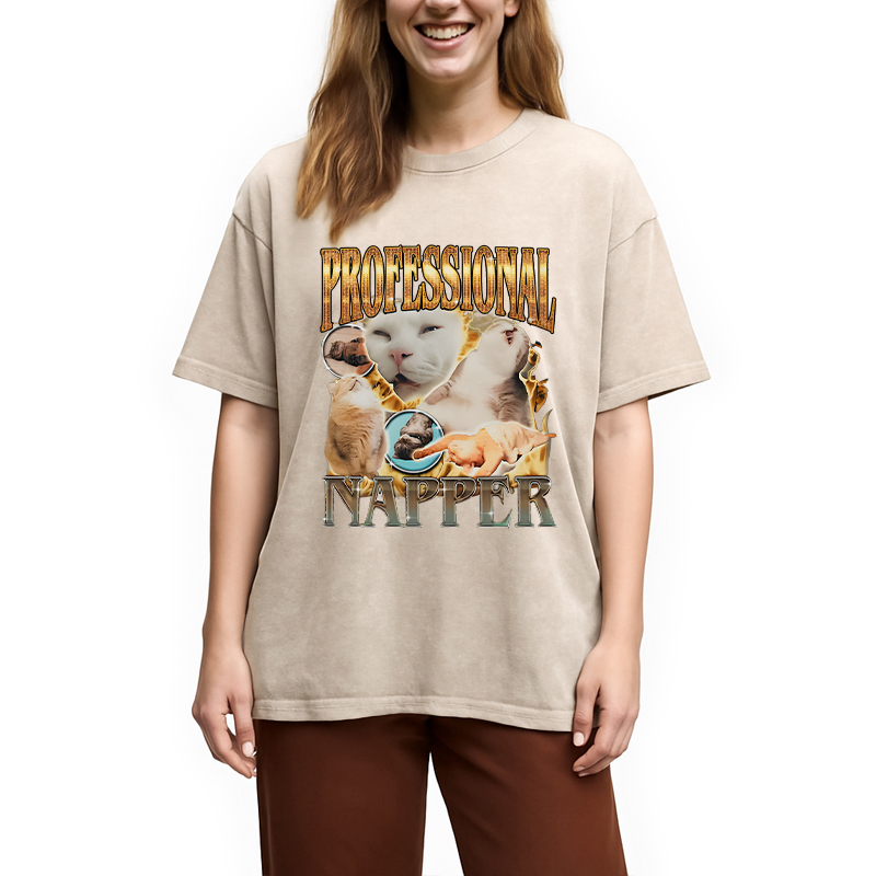 Modecanvas Professional Napper Funny Cat DTG Printing Washed T-Shirt
