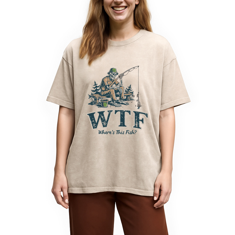 Modecanvas Funny WTF Where Is The Fish DTG Printing Washed T-Shirt