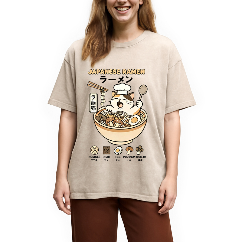 Modecanvas Ramen Cat DTG Printing Washed T-Shirt