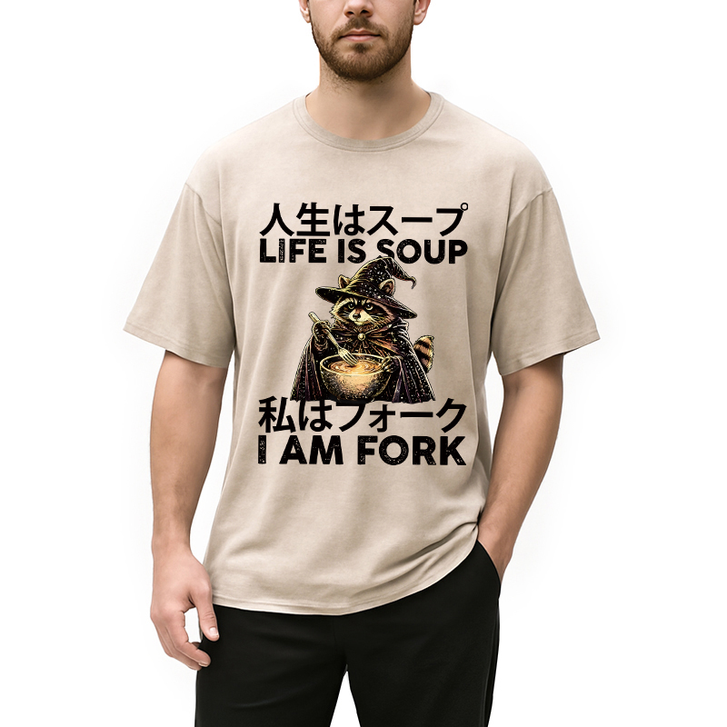 Modecanvas Life is Soup I Am Fork Funny Raccoon Wizard Meme DTG Printing Washed T-Shirt