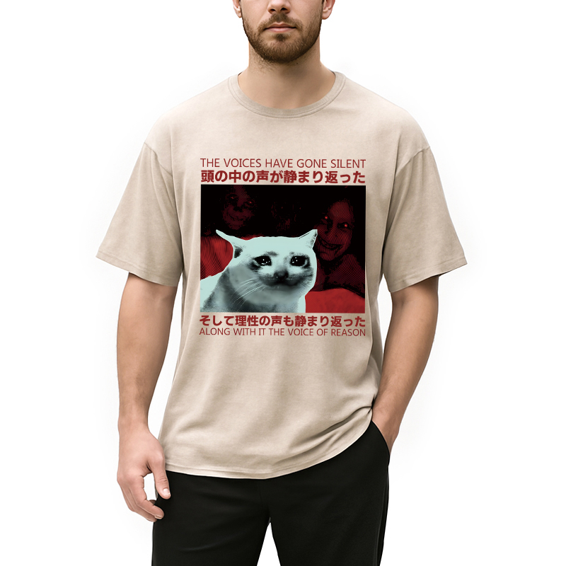 Modecanvas Silent Cat Funny Vintage Japanese DTG Printing Washed T-Shirt