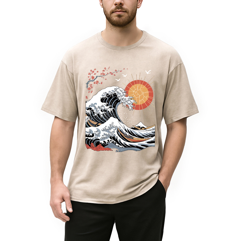 Modecanvas Ocean Sun Cherry Blossom DTG Printing Washed T-Shirt