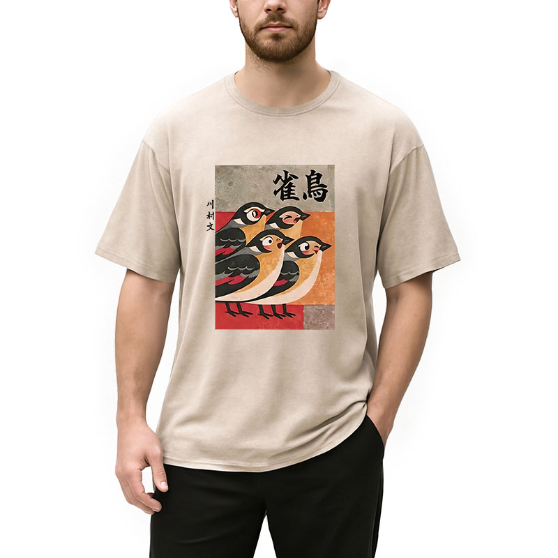 Modecanvas Cute Sparrows DTG Printing Washed T-Shirt