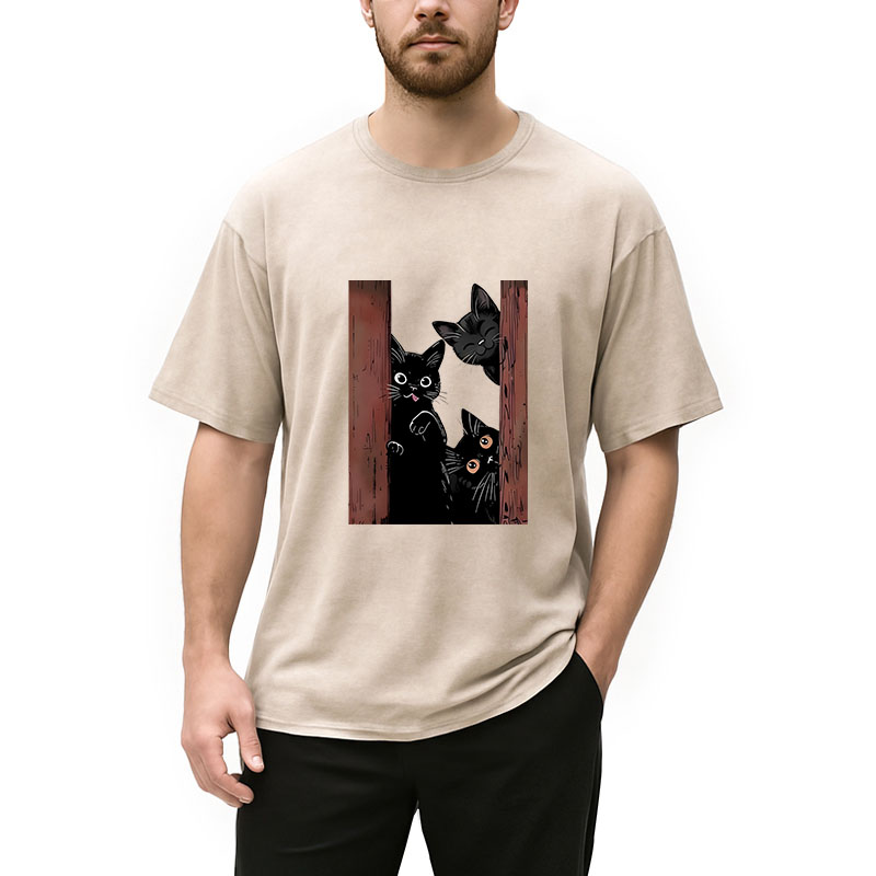 Modecanvas Funny Cats Spying On You DTG Printing Washed T-Shirt