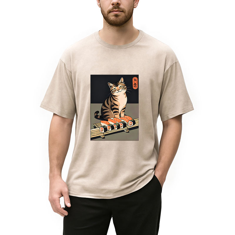 Modecanvas Cute Cat Trying To Steal Sushi DTG Printing Washed T-Shirt