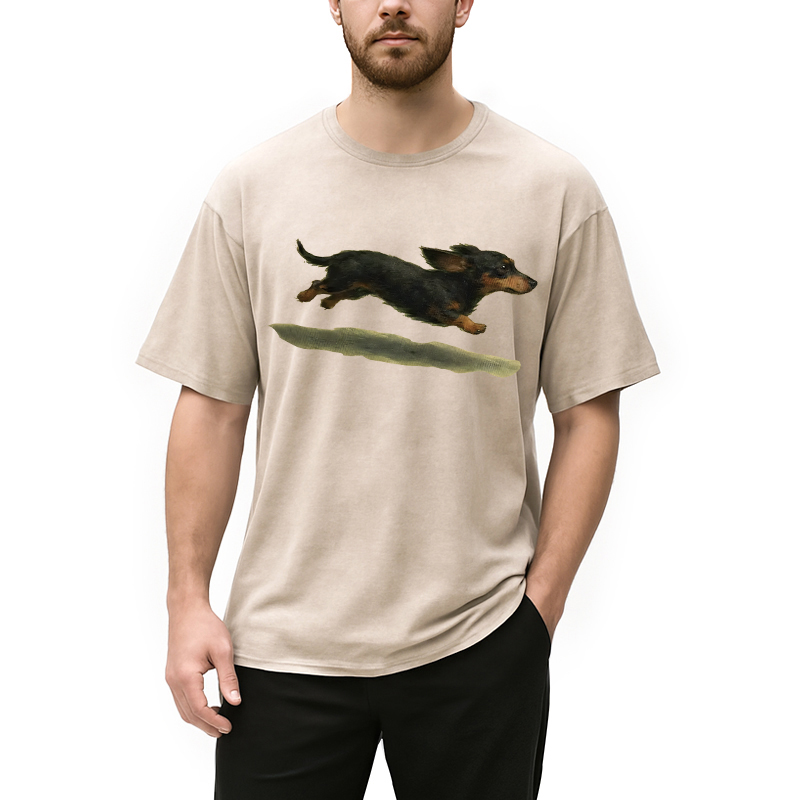 Modecanvas Funny Retro Cute Running Dog DTG Printing Washed T-Shirt