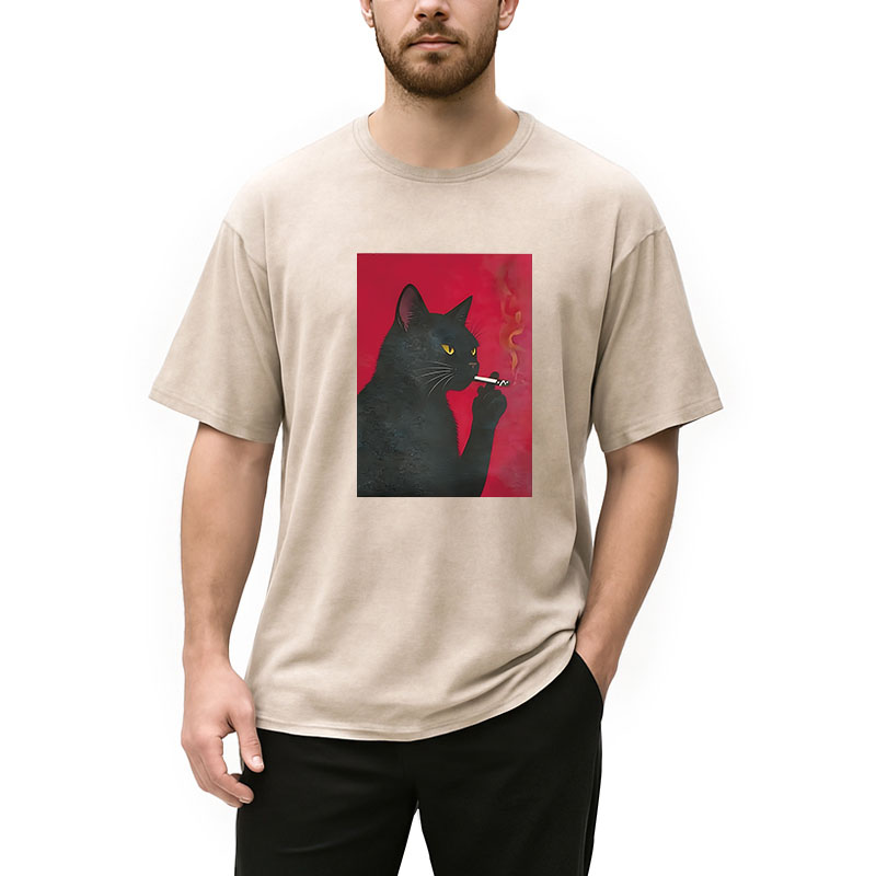Modecanvas Black Cat Smoking DTG Printing Washed T-Shirt