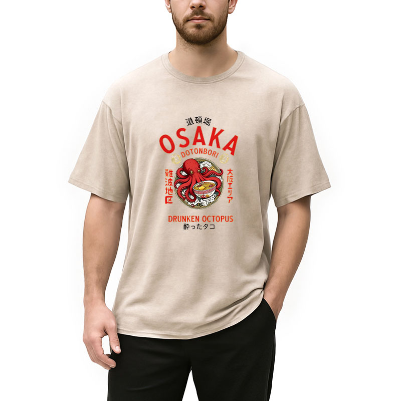 Modecanvas Osaka Drunken Octopus Eating Ramen DTG Printing Washed T-Shirt