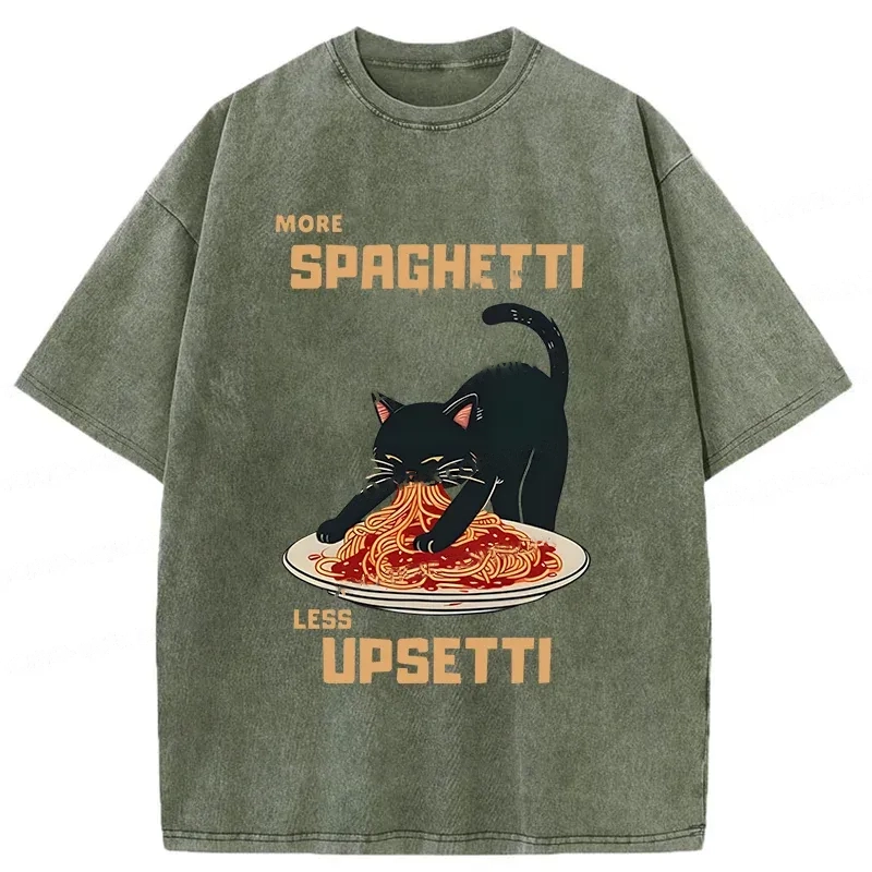 Modecanvas Cat Eating Spaghetti Funny Washed T-Shirt-modecanvas