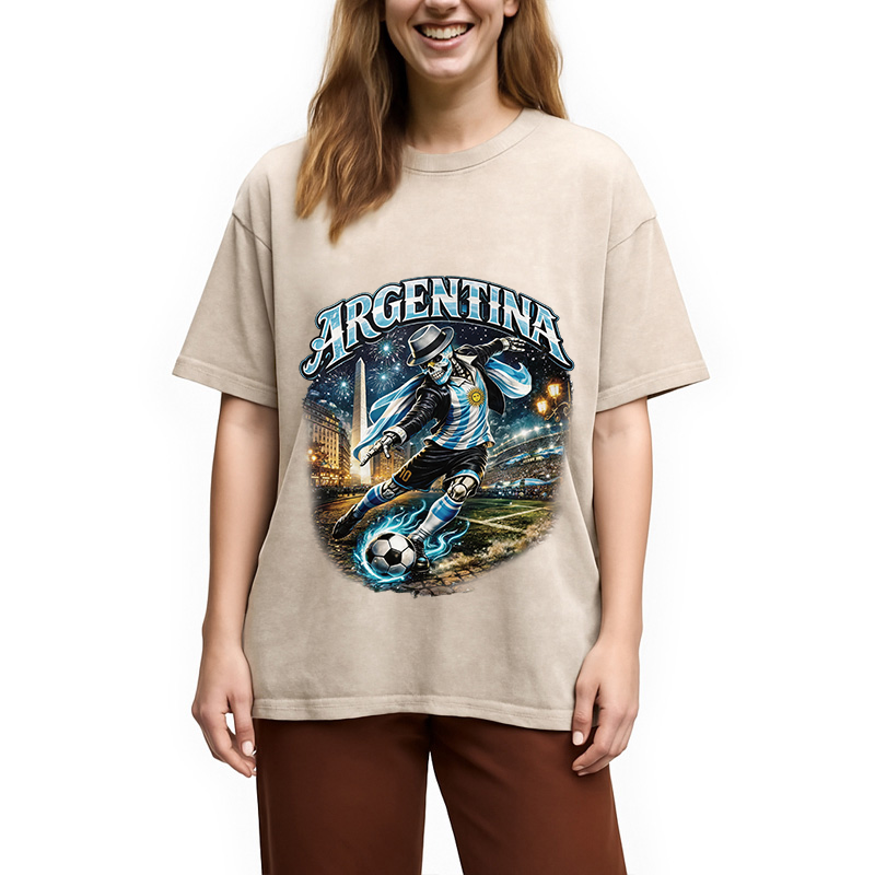 Modecanvas Skull Argentina Football DTG Printing Washed T-Shirt
