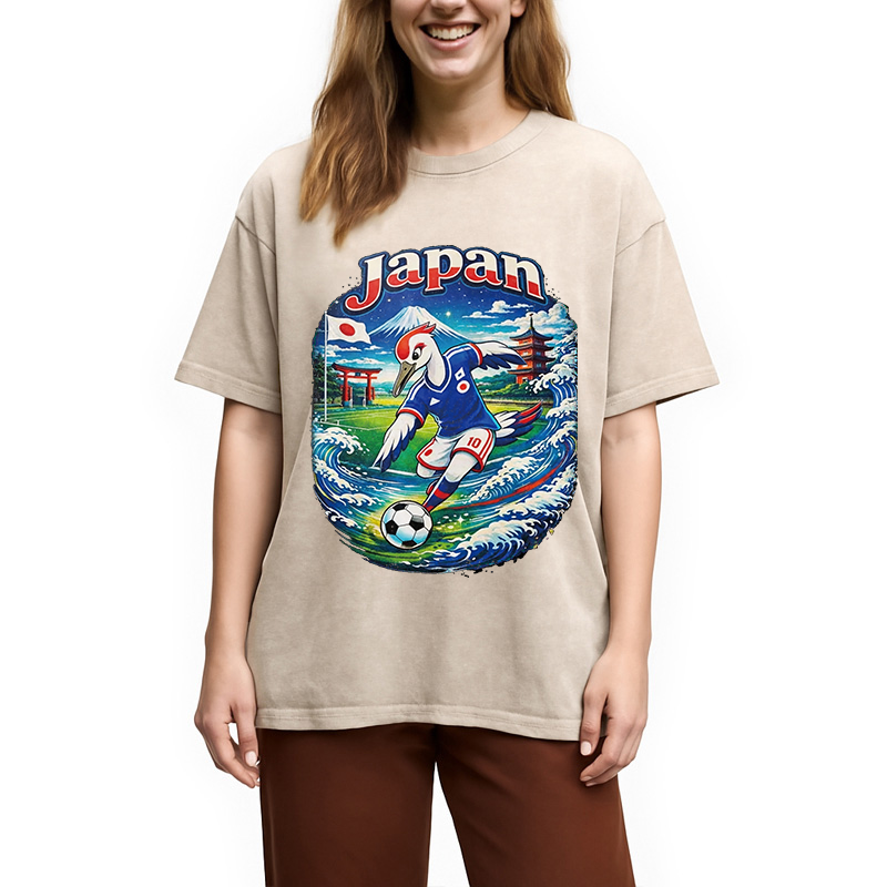 Modecanvas Japan Crane Soccer DTG Printing Washed T-Shirt