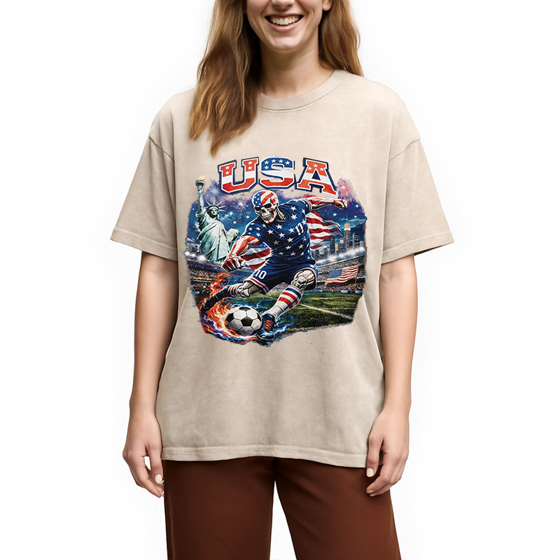 Modecanvas USA Soccer Skull DTG Printing Washed T-Shirt