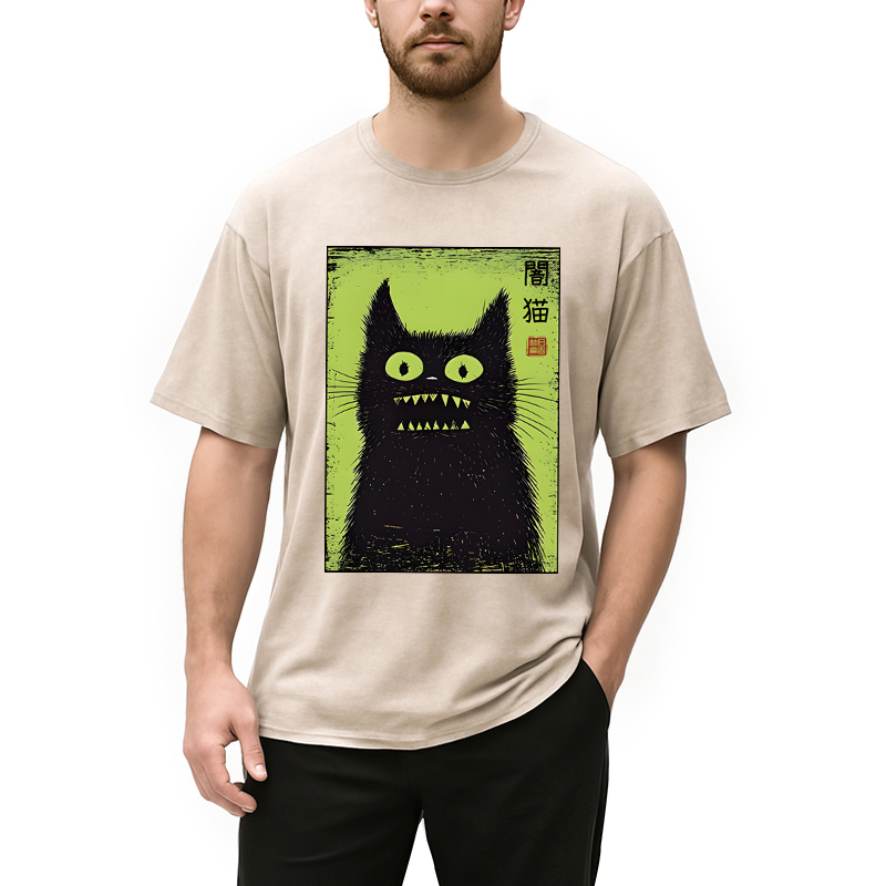 Modecanvas Spooky Black Cat Japanese DTG Printing Washed T-Shirt