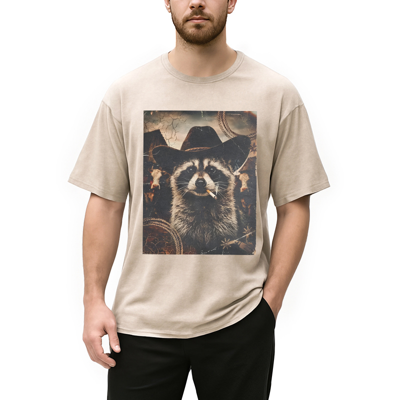Modecanvas Vintage Weatern Raccoon DTG Printing Washed T-Shirt