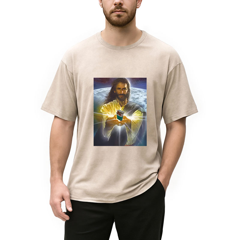 Modecanvas Jesus Holding Cigarettes DTG Printing Washed T-Shirt