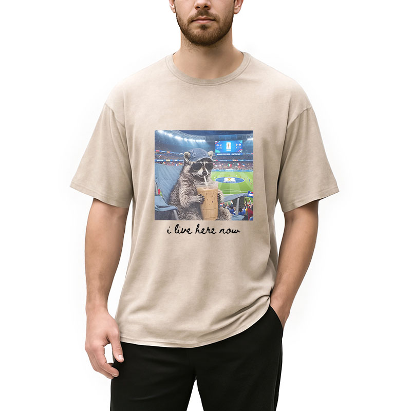 Modecanvas I Live Here Now Raccoon DTG Printing Washed T-Shirt