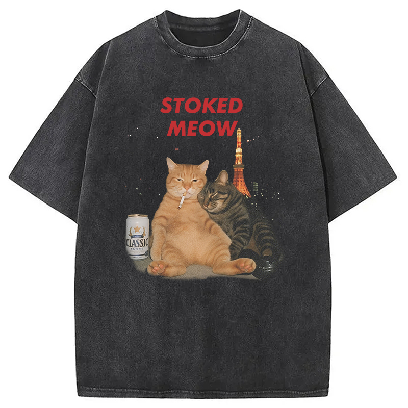 Modecanvas Stoked Meow Smoking Cat Washed T-Shirt