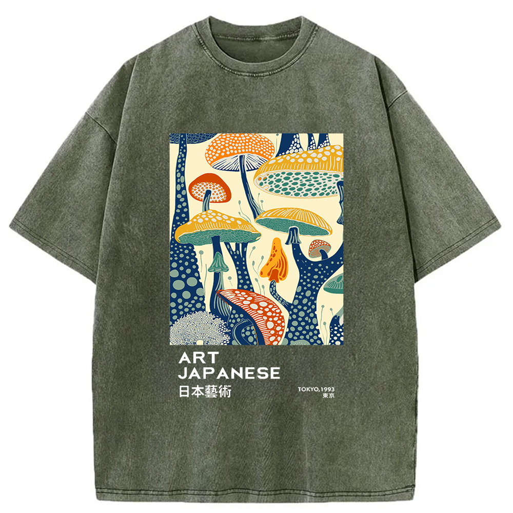 Modecanvas Dancing Mushroom Japanese Art Washed T-Shirt