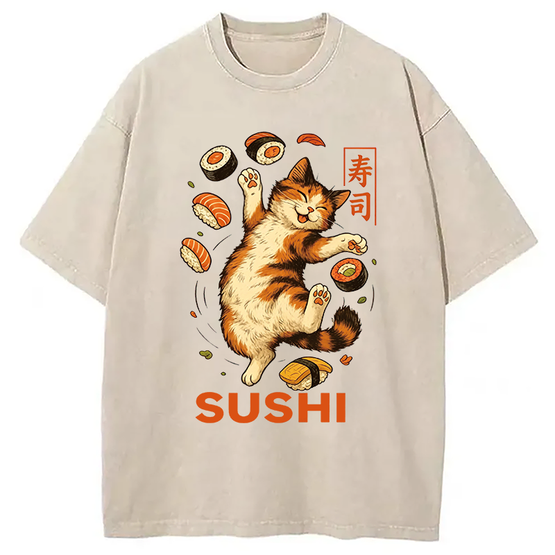 Modecanvas Funny Sushi Cat DTG Printing Washed T-Shirt