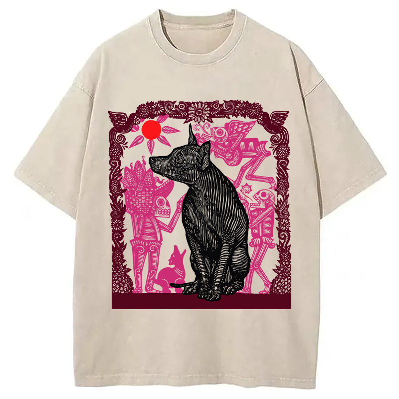 Modecanvas Day Of The Dog Woodcut DTG Printing Washed T-Shirt
