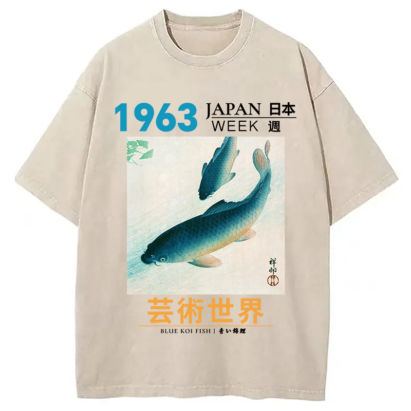 Modecanvas Blue Koi Fish DTG Printing Washed T-Shirt