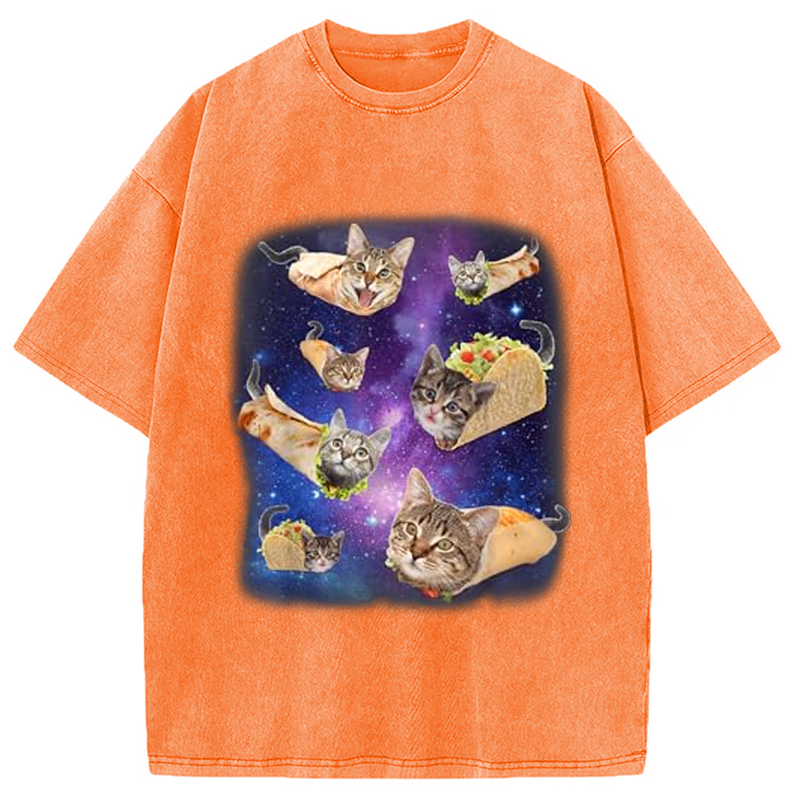 Modecanvas Burrito Cat and Taco Cat Space Galaxy Meme Washed T-Shirt