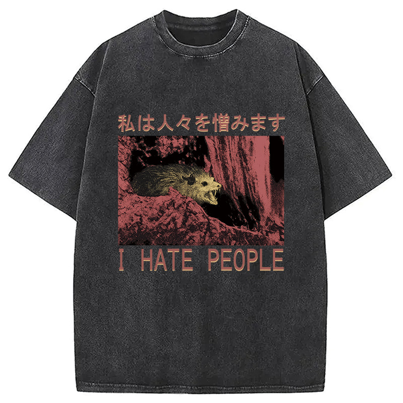 Modecanvas I Hate People Opossum DTG Printing Washed T-Shirt-modecanvas