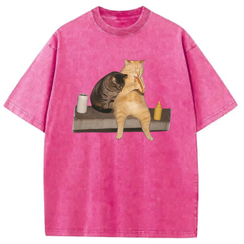 Modecanvas Cat Eating Hot Dog Washed T-Shirt