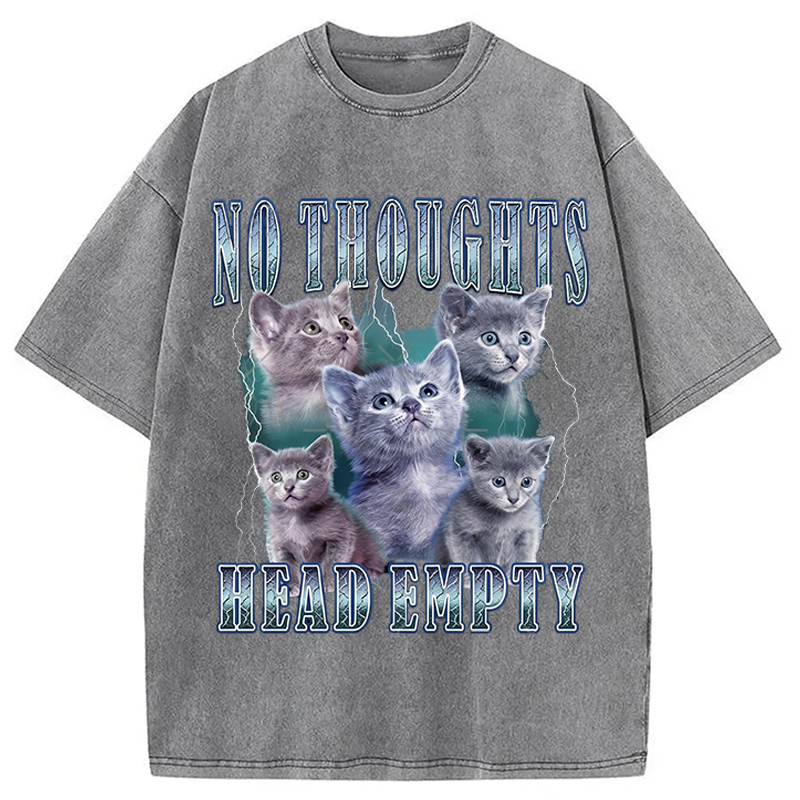 Modecanvas No Toughts Head Empty Funny Cat Meme DTG Printing Washed T-Shirt