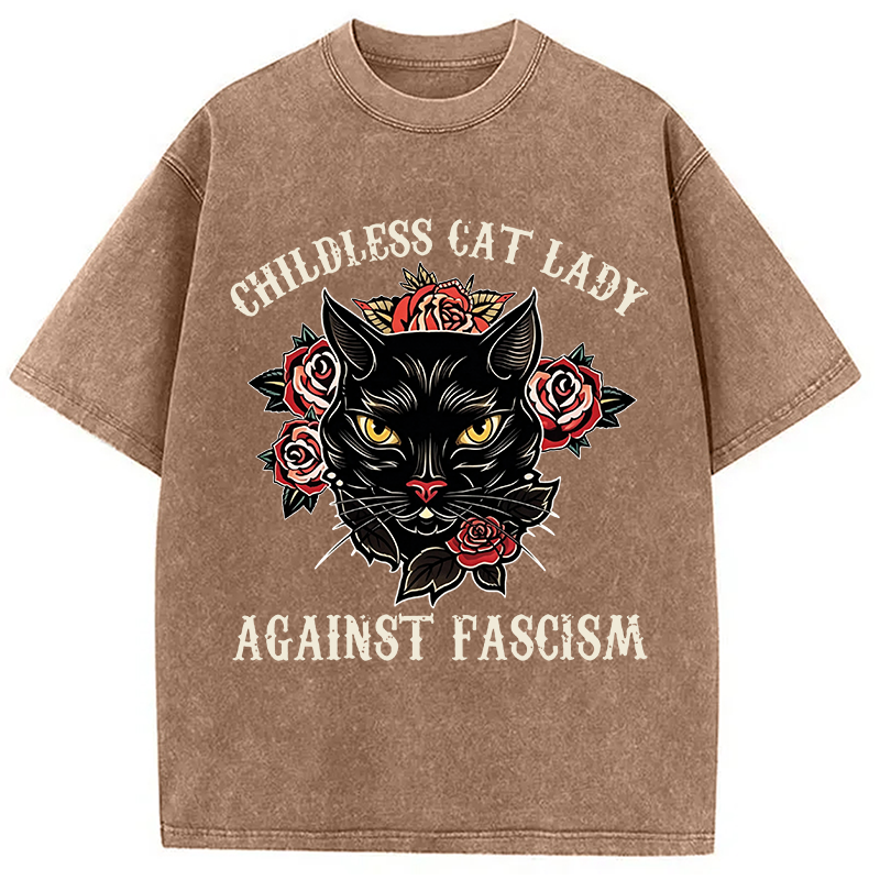 Modecanvas Childless Cat Lady Against Fascism Funny Cat Meme DTG Printing Washed T-Shirt