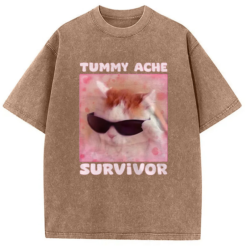Modecanvas Tummy Ache Survivor Funny Cat Meme Washed T-Shirt-modecanvas