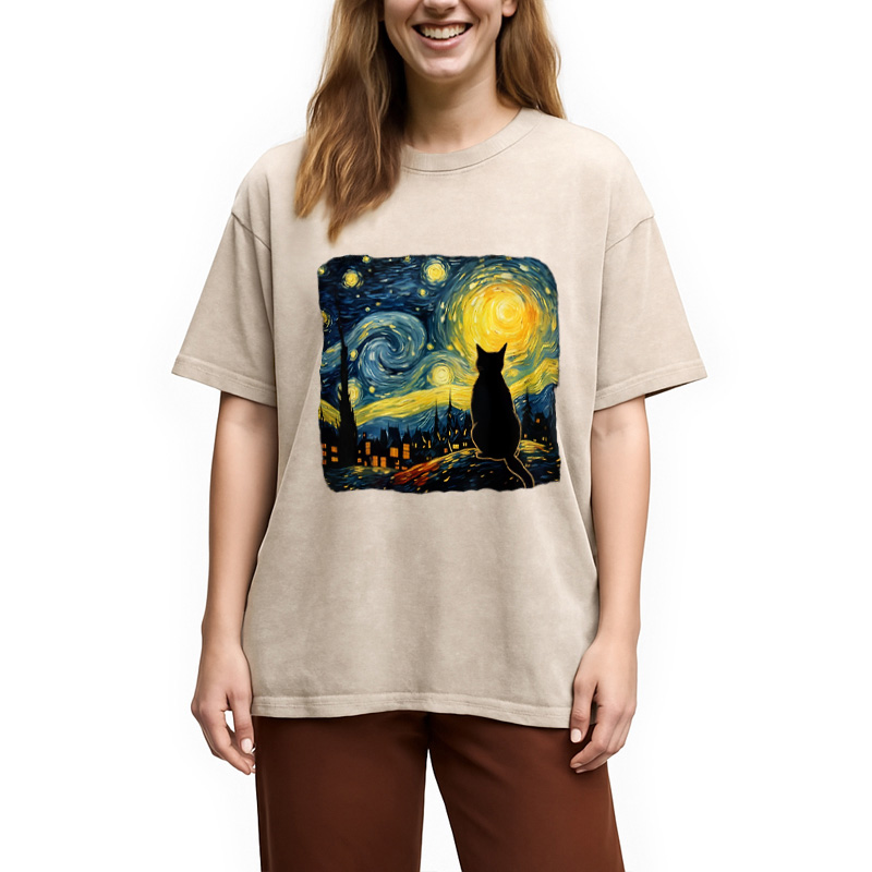 Modecanvas Cat Starry Night Washed T-Shirt