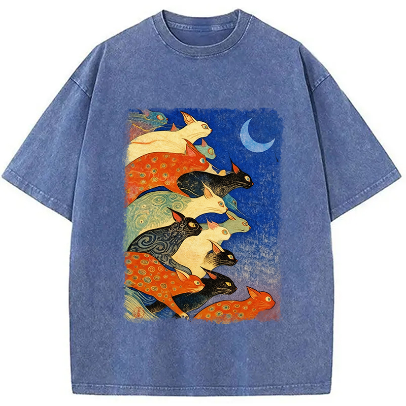 Modecanvas Colorful Flowing Cats Washed T-Shirt