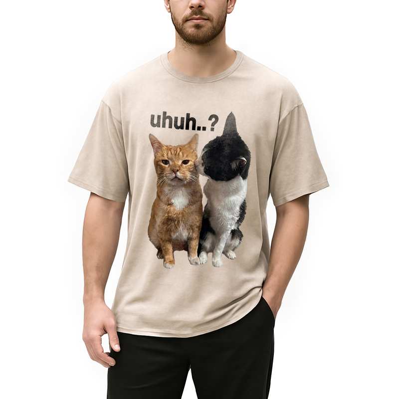 Modecanvas Uhuh..? Cat Meme DTG Printing Washed T-Shirt