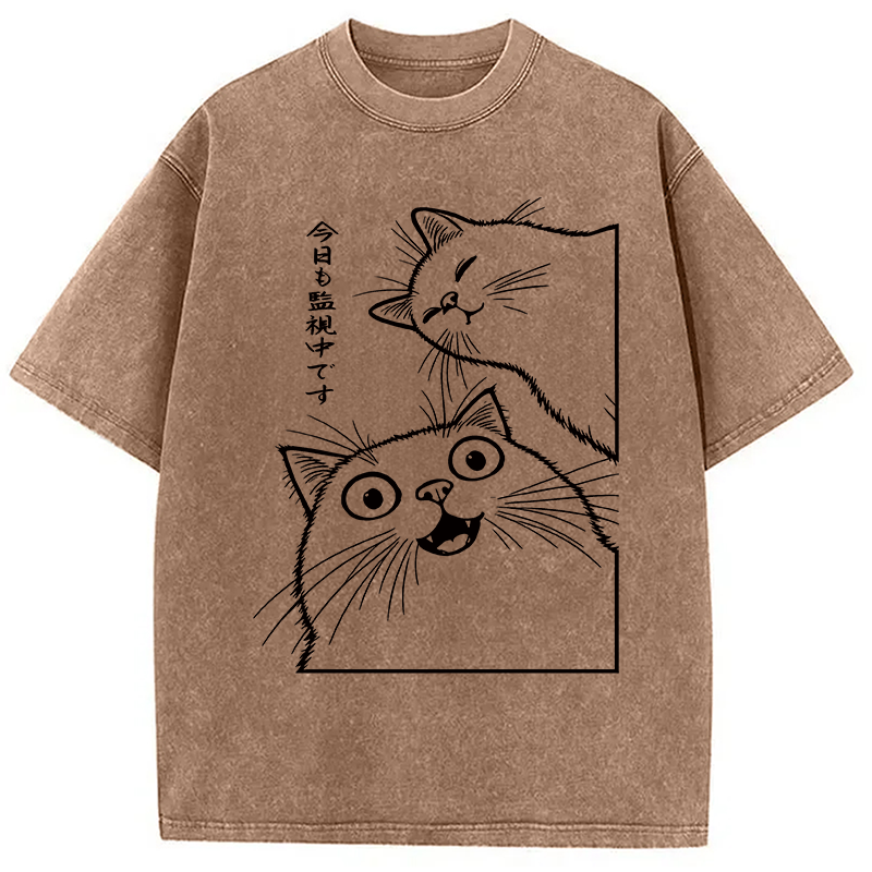 Modecanvas Two Cats Are Watching DTG Printing Washed T-Shirt